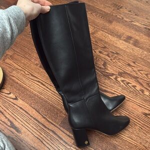 Tory Burch Black Leather Knee-High Block Heel Booties